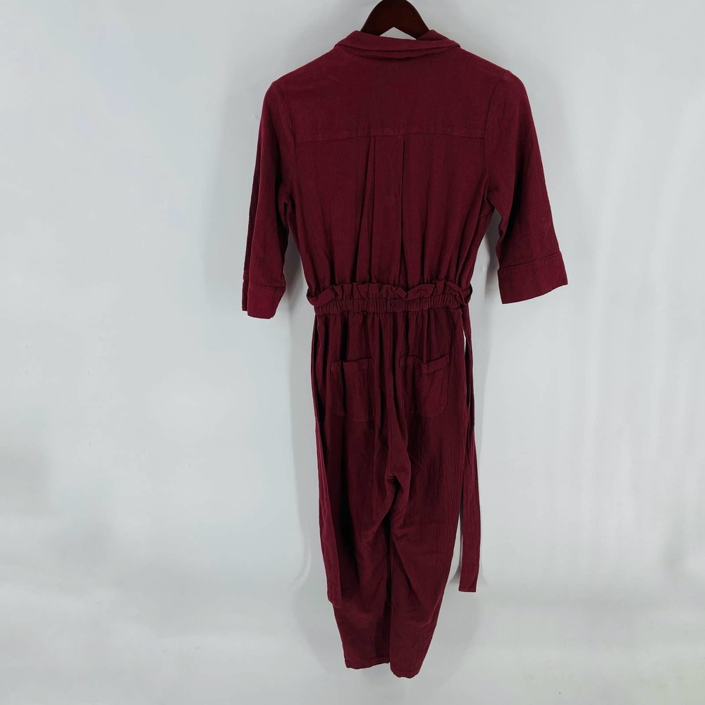 Anthropologie Amadi Burgundy Elastic Waist 3/4 Sleeve Cropped Jumpsuit Size XSP - Picture 3 of 13